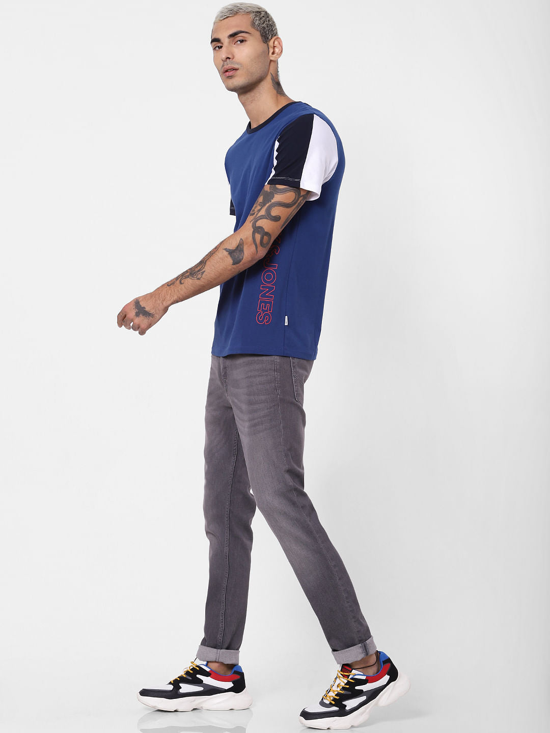 Navy Blue Colourblocked Crew Neck T-shirt