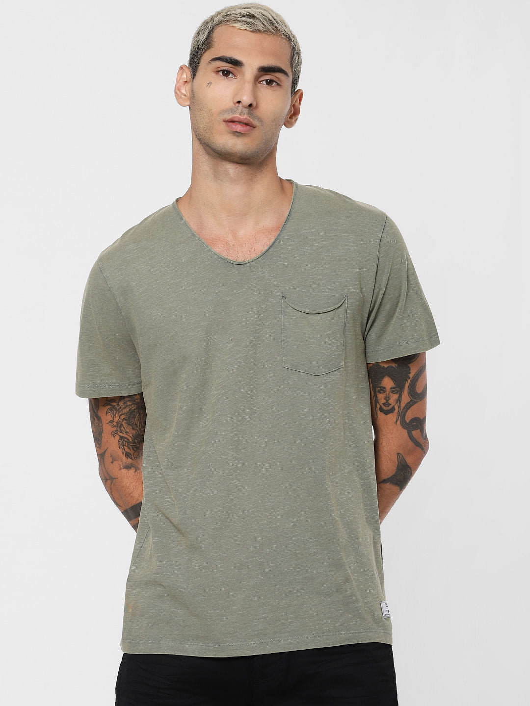 Green Patch Pocket V Neck T-shirt