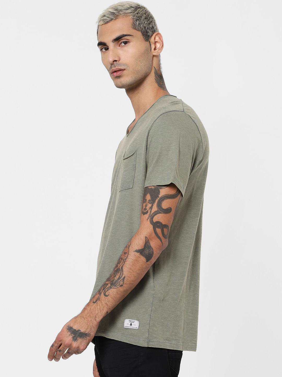 Green Patch Pocket V Neck T-shirt
