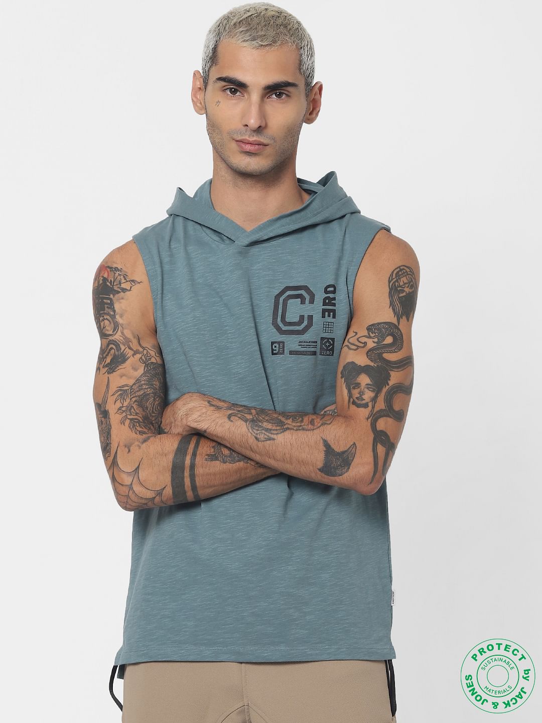 Green Hooded V Neck T-shirt - S
