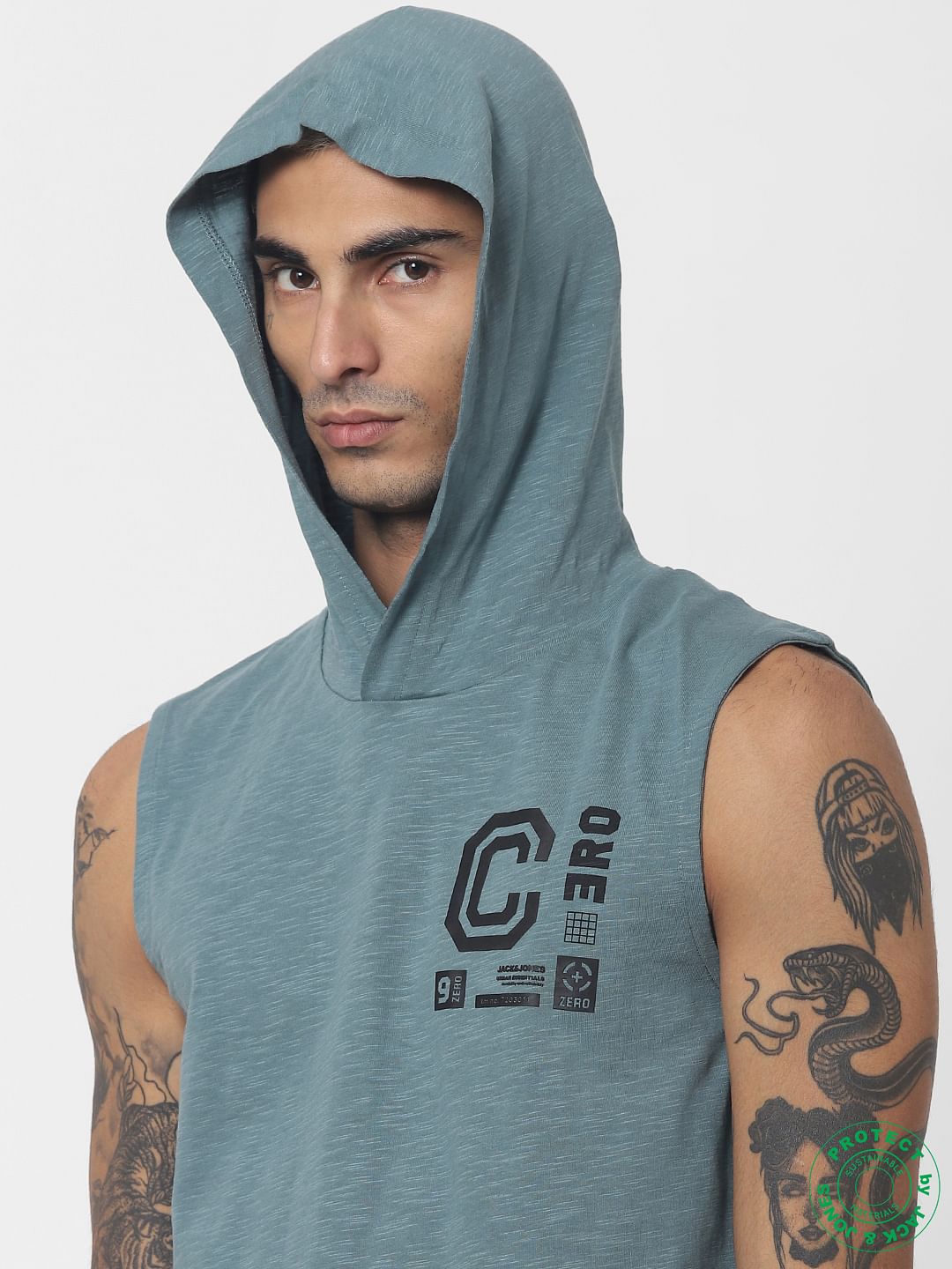Green Hooded V Neck T-shirt