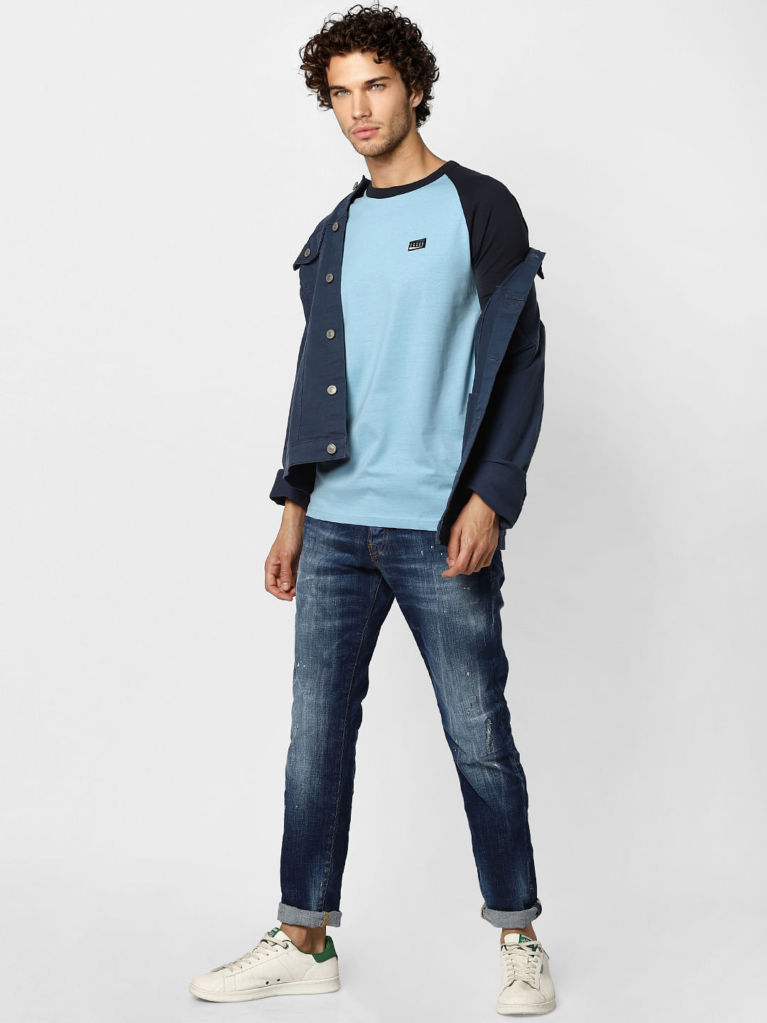 Dusk Blue Colourblocked Crew Neck T-shirt - S
