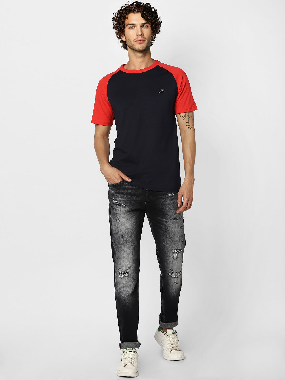 Navy Blue Colourblocked Crew Neck T-shirt - S