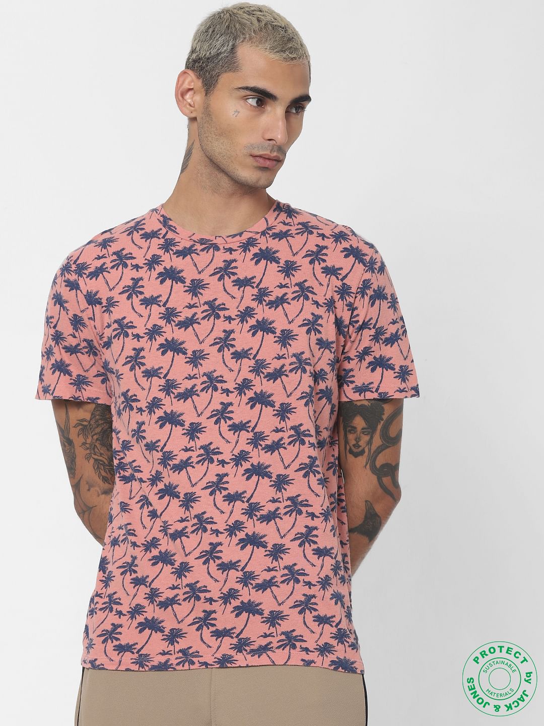 Pink Tropical Print Crew Neck T-shirt - S