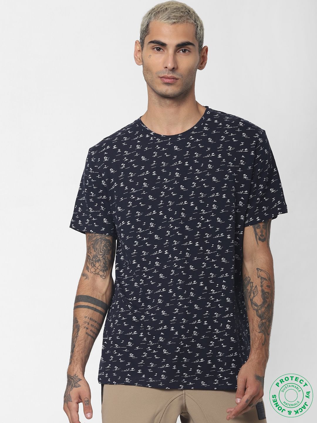 Navy Blue Printed Crew Neck T-shirt