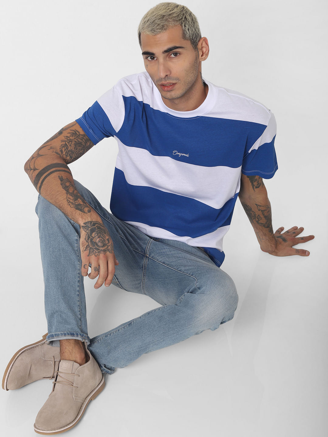 Blue Striped Crew Neck T-shirt - S