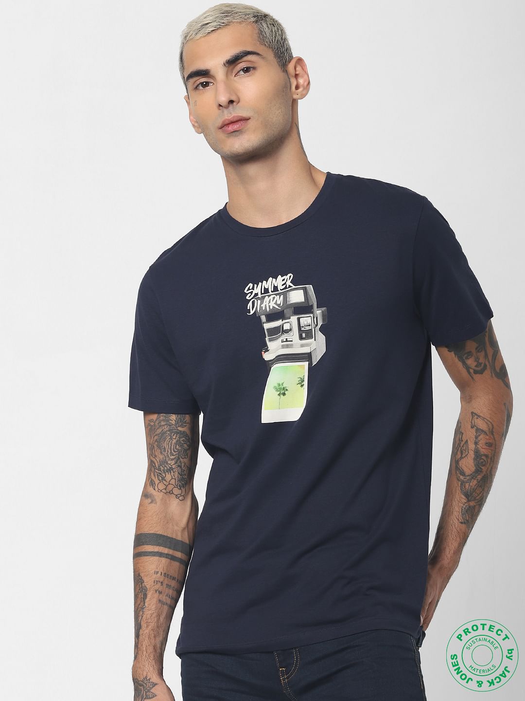 Navy Blue Graphic Print Crew Neck T-shirt