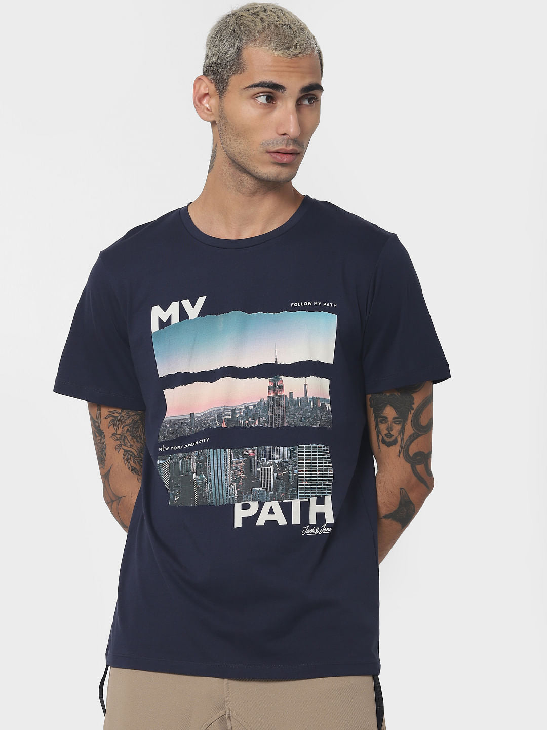 Navy Blue Graphic Print Crew Neck T-shirt