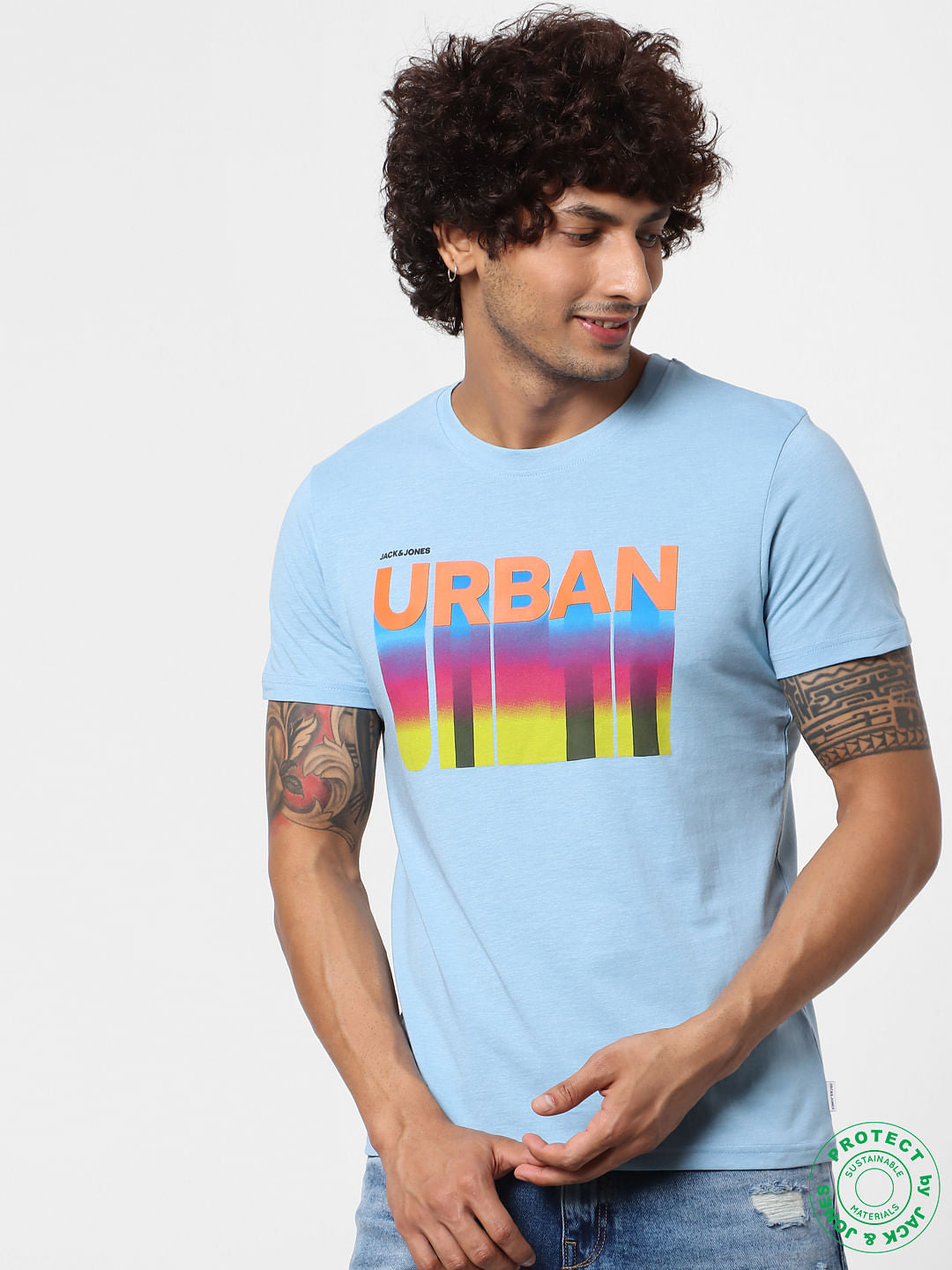Dusk Blue Text Print Crew Neck T-shirt - S