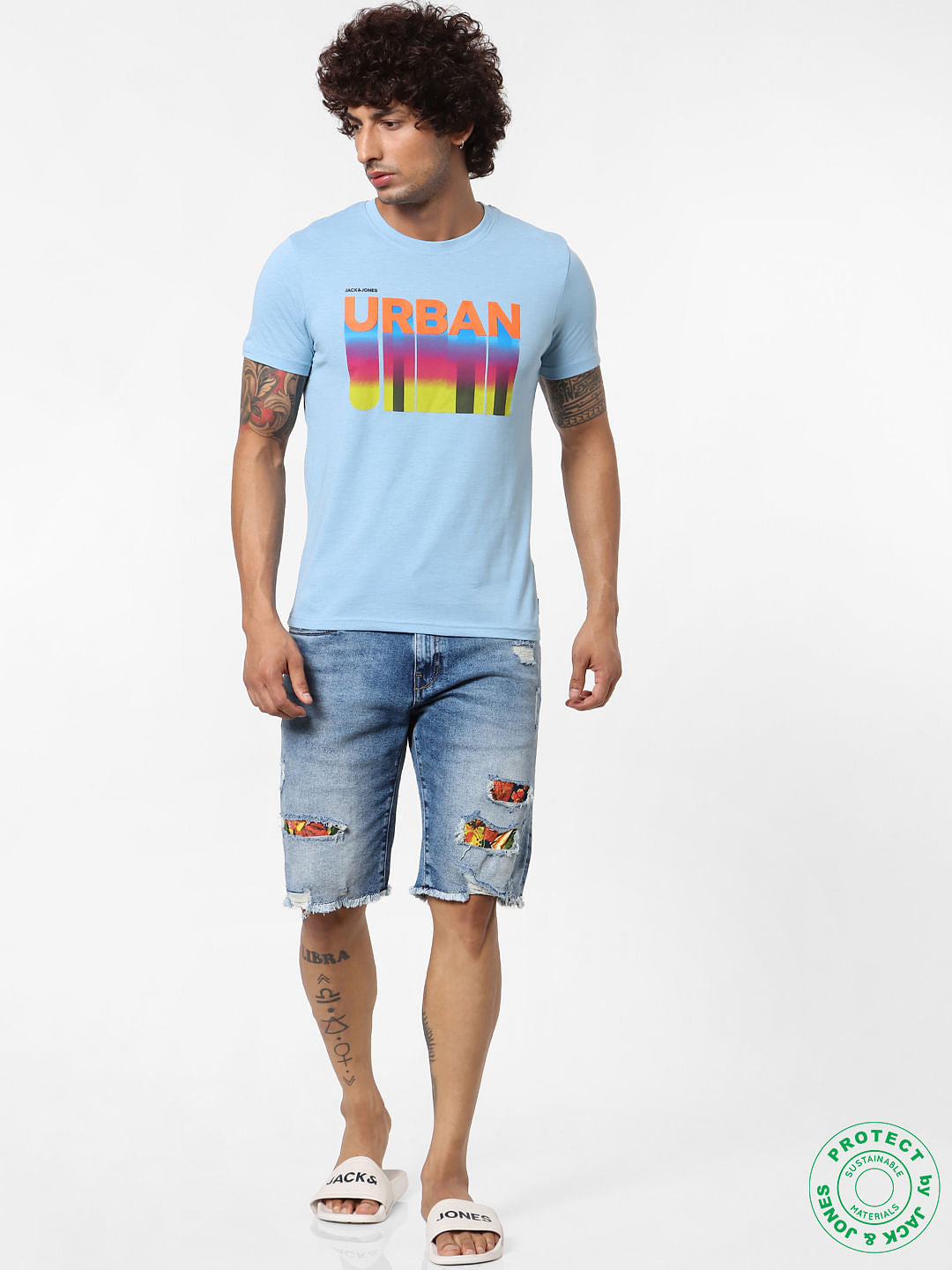 Dusk Blue Text Print Crew Neck T-shirt