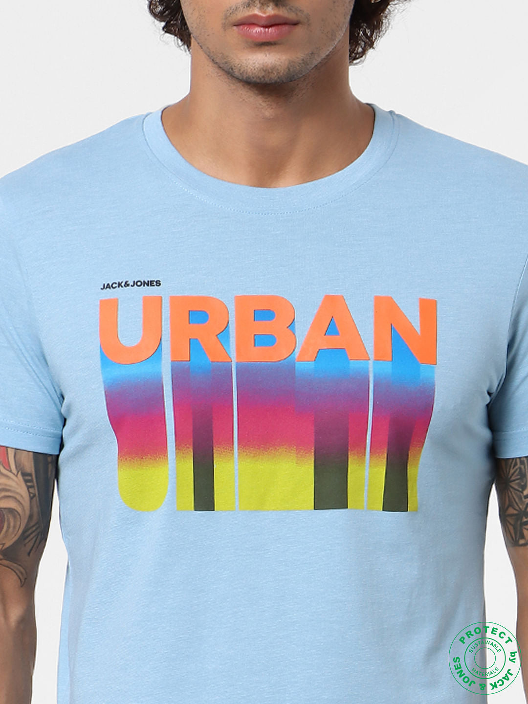 Dusk Blue Text Print Crew Neck T-shirt