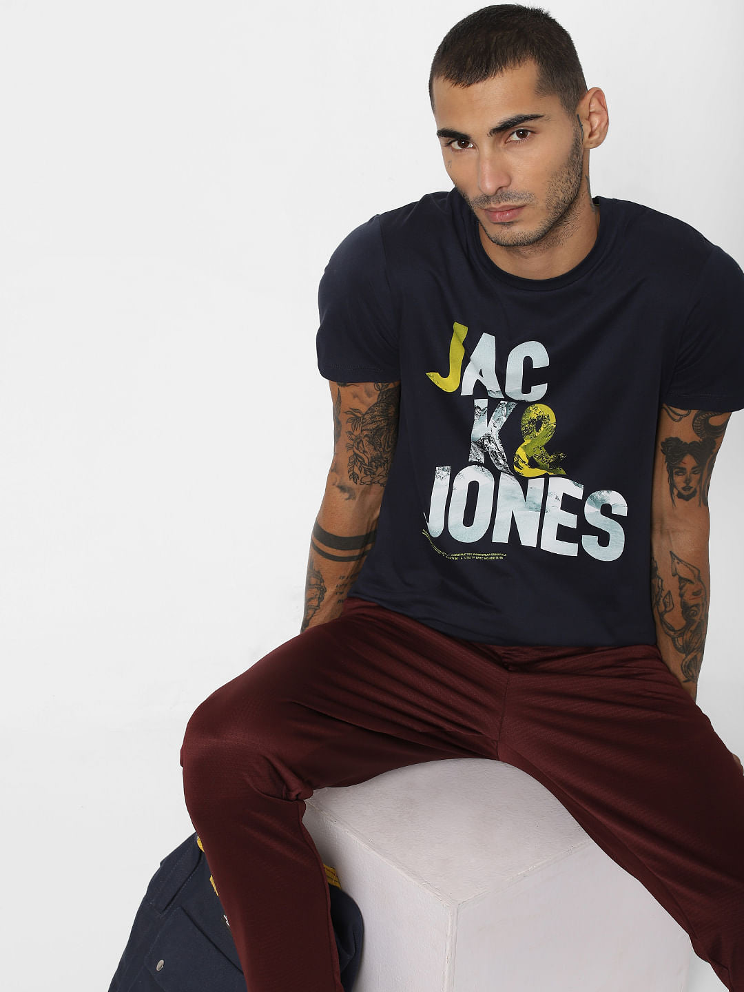 Navy Blue Text Print Crew Neck T-shirt