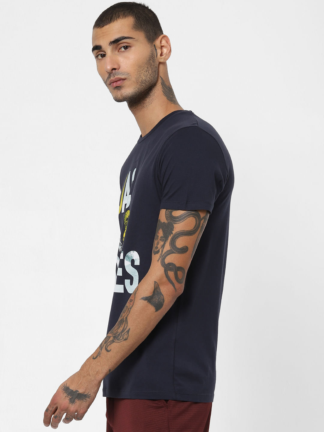 Navy Blue Text Print Crew Neck T-shirt