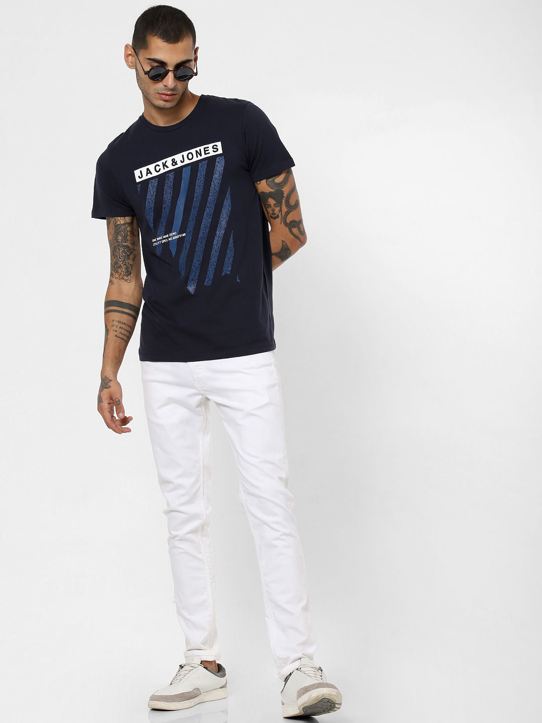 Navy Blue Logo Print Crew Neck T-shirt - S