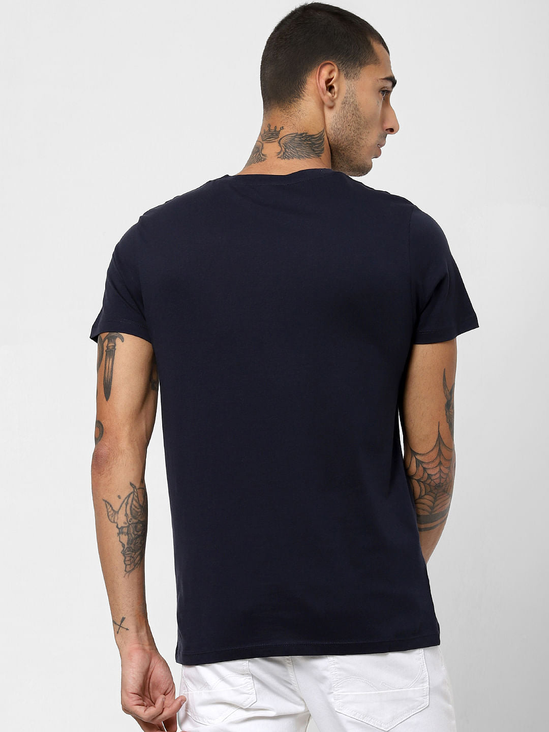 Navy Blue Logo Print Crew Neck T-shirt