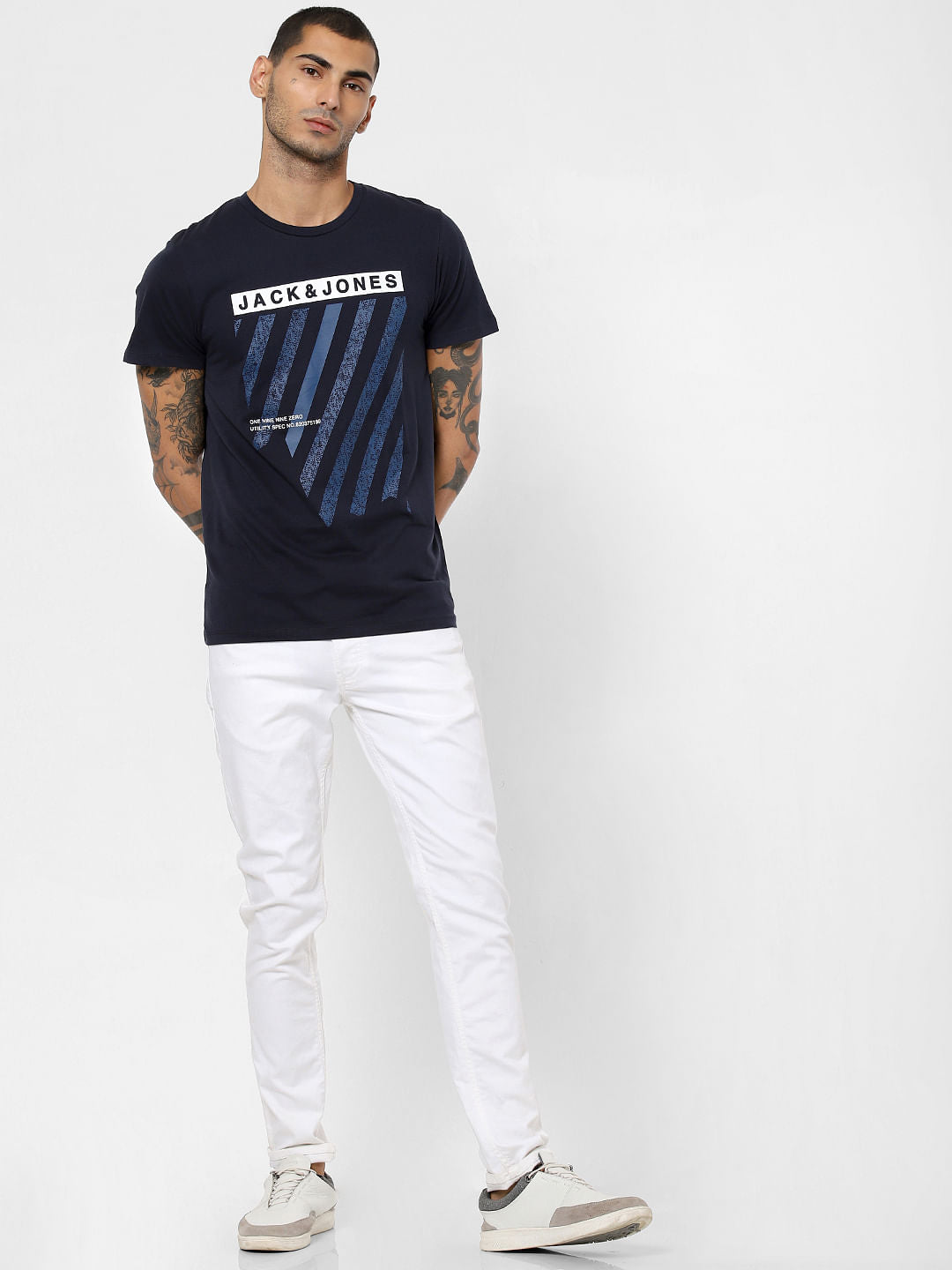 Navy Blue Logo Print Crew Neck T-shirt
