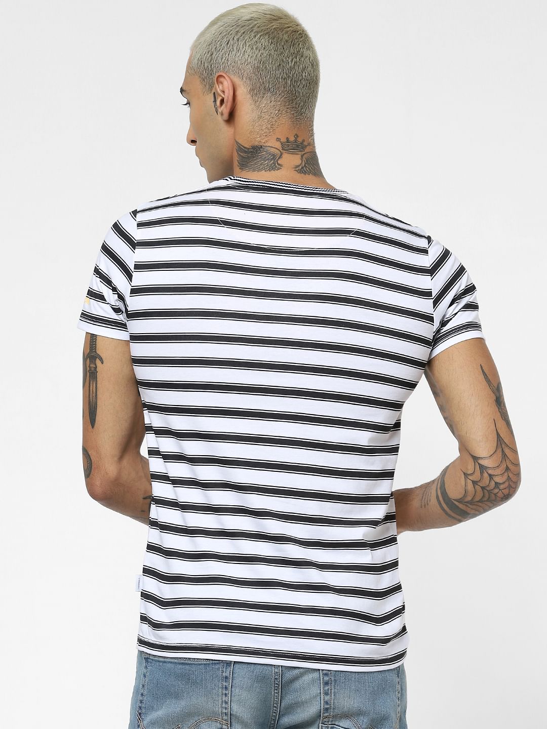 X Johnny Bravo White Striped Crew Neck T-shirt