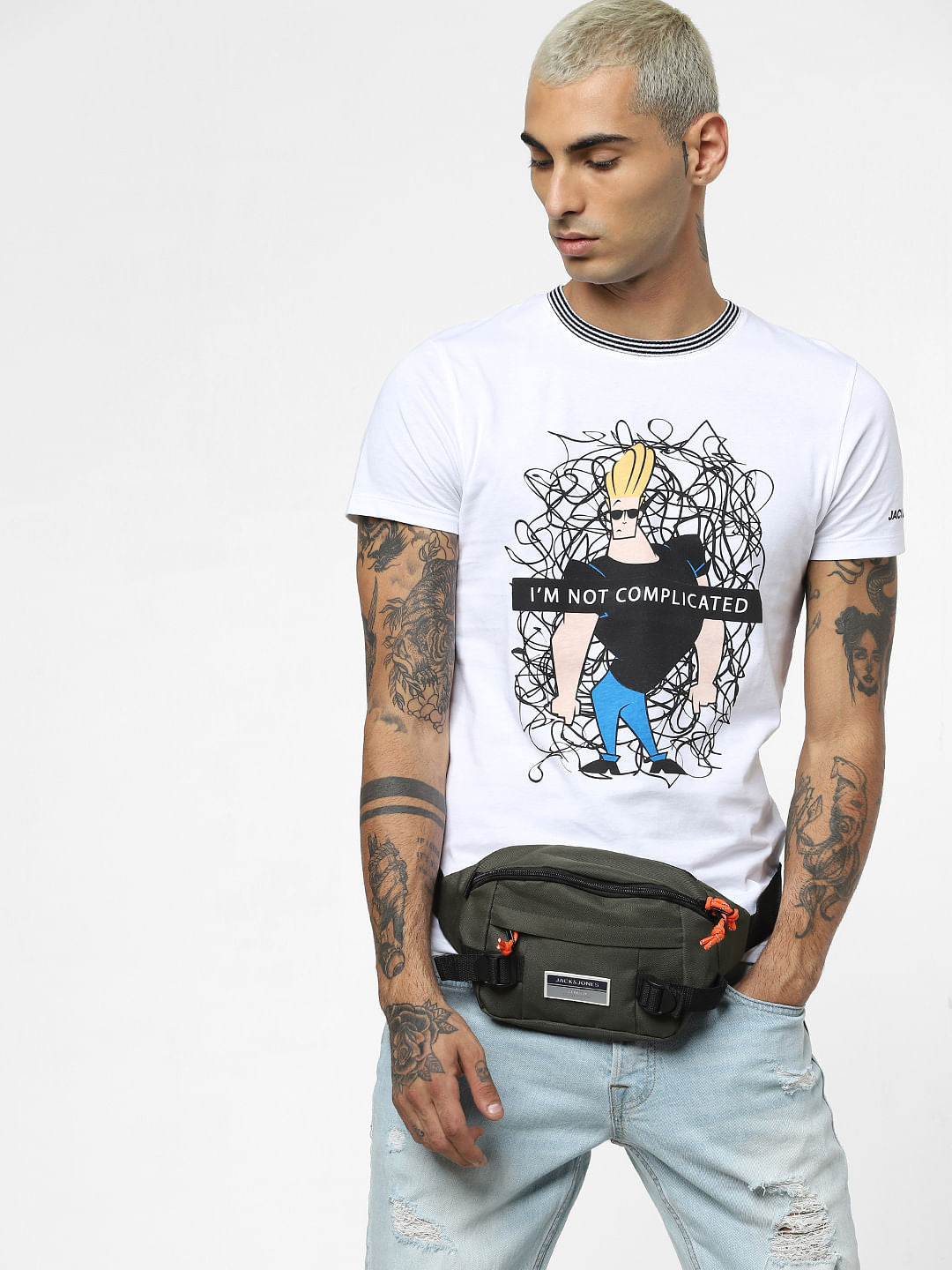 X Johnny Bravo White Graphic Print Crew Neck T-shirt - S