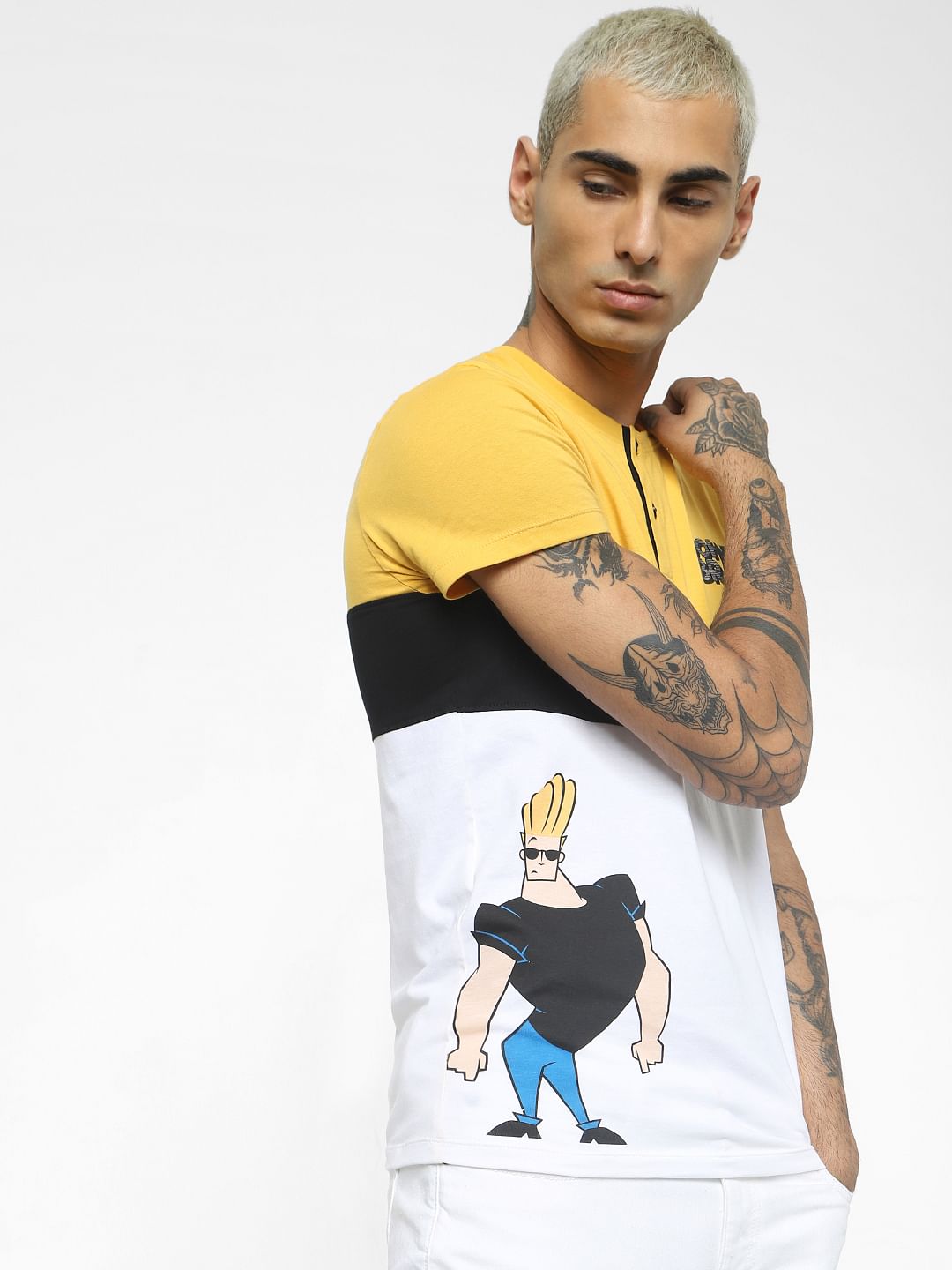 X Johnny Bravo Yellow Colourblocked Henley T-shirt - S
