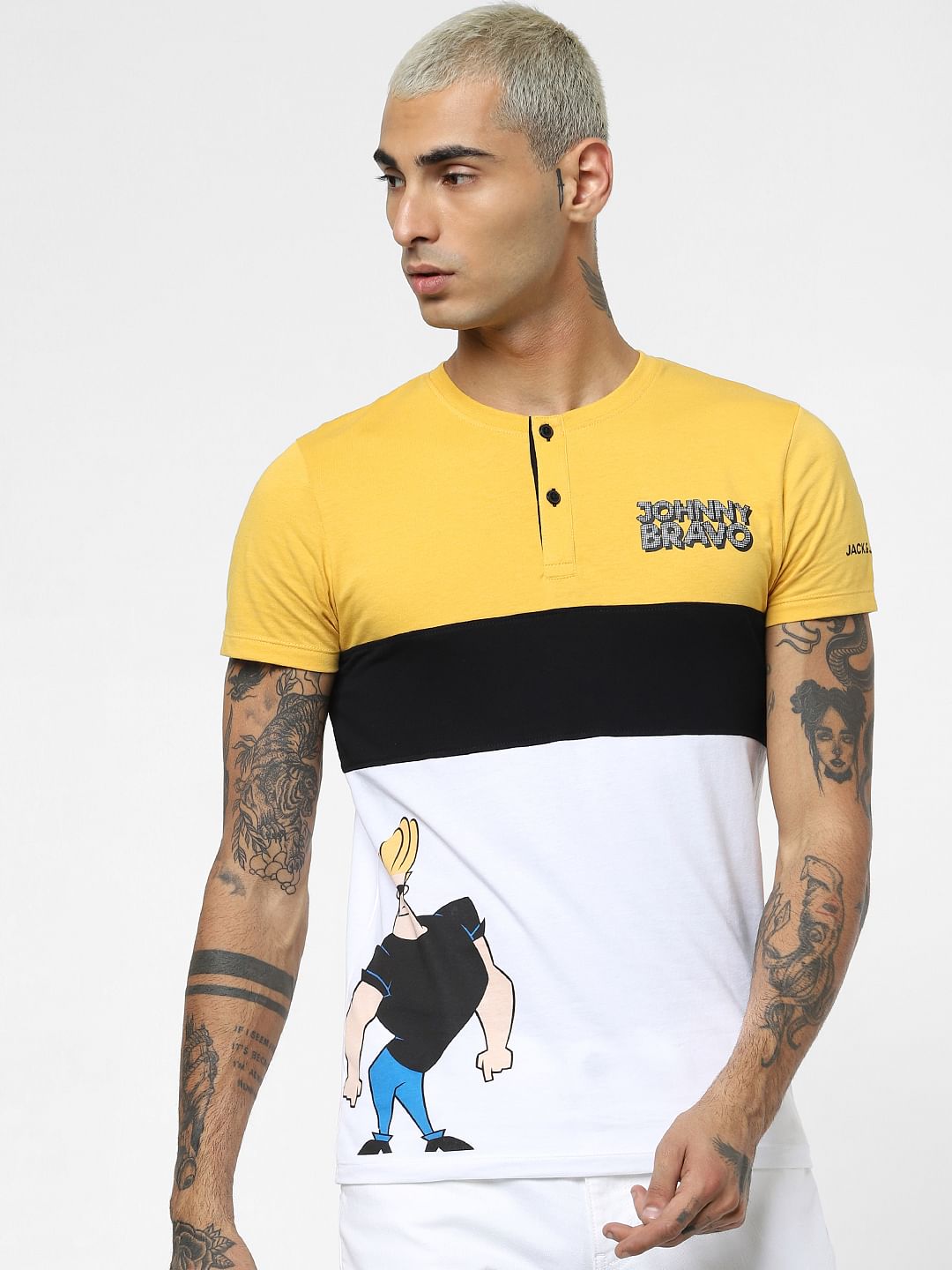 X Johnny Bravo Yellow Colourblocked Henley T-shirt