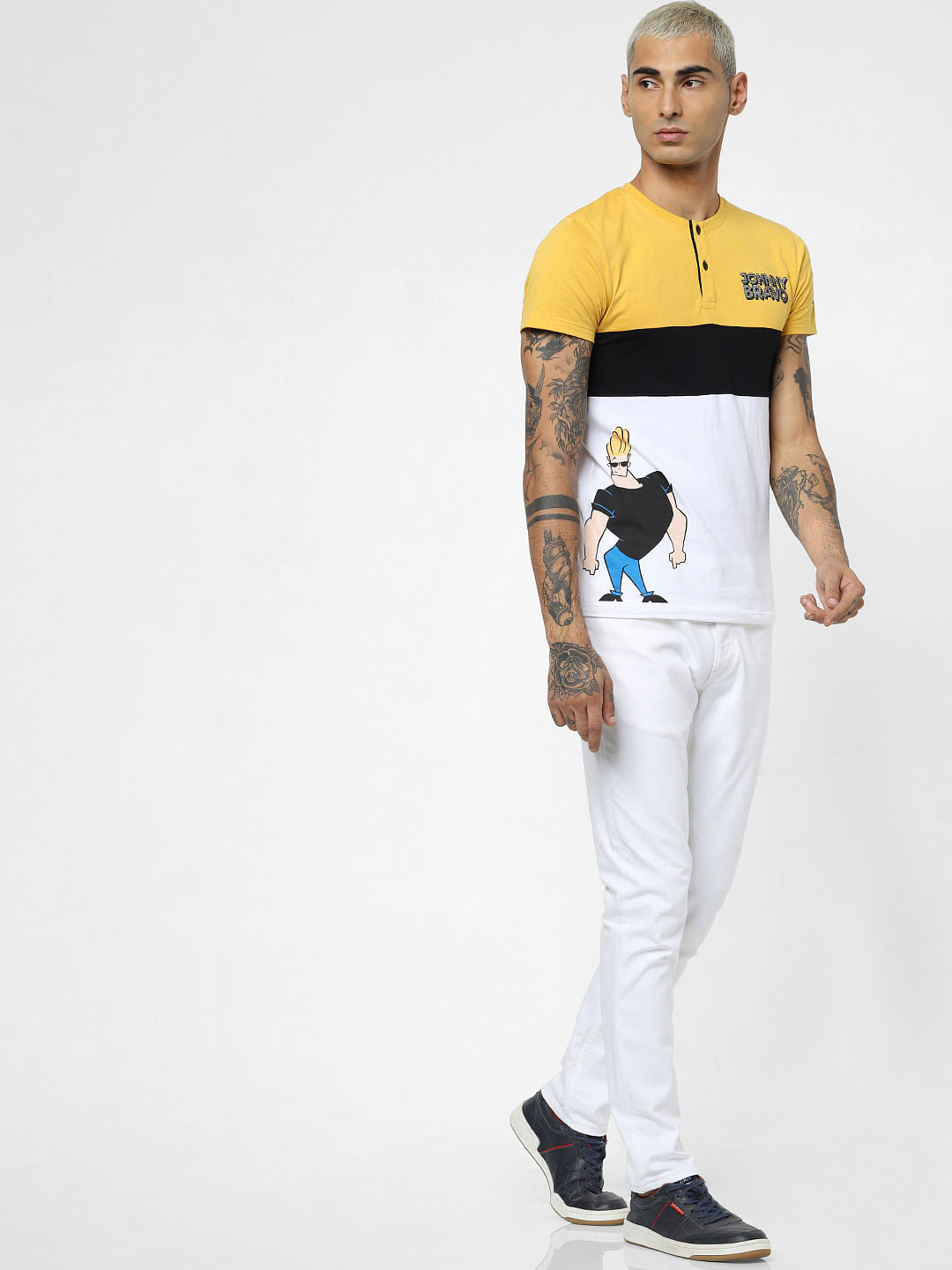 X Johnny Bravo Yellow Colourblocked Henley T-shirt