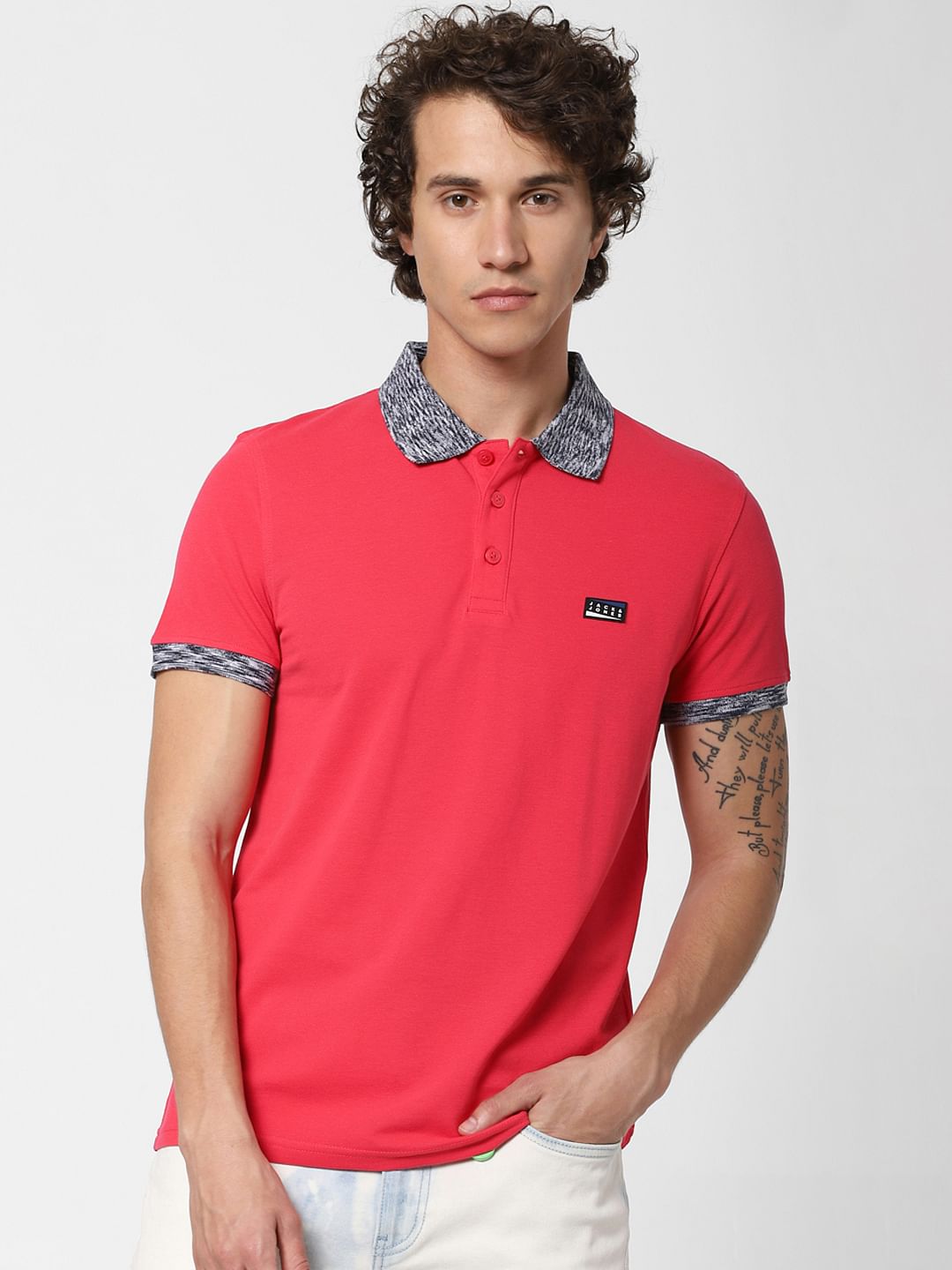 Pink Contrast Tipping Polo Neck T-shirt