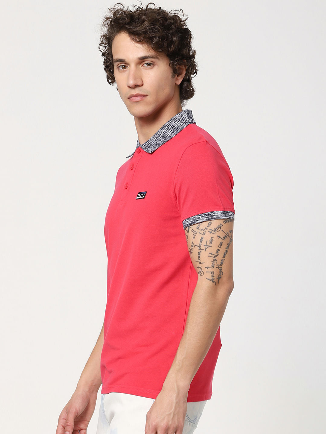Pink Contrast Tipping Polo Neck T-shirt