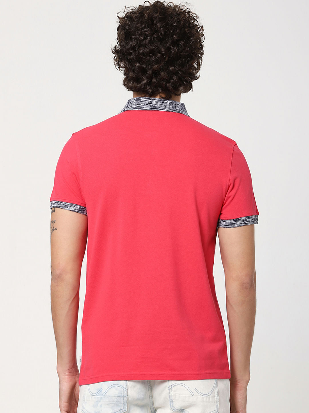 Pink Contrast Tipping Polo Neck T-shirt