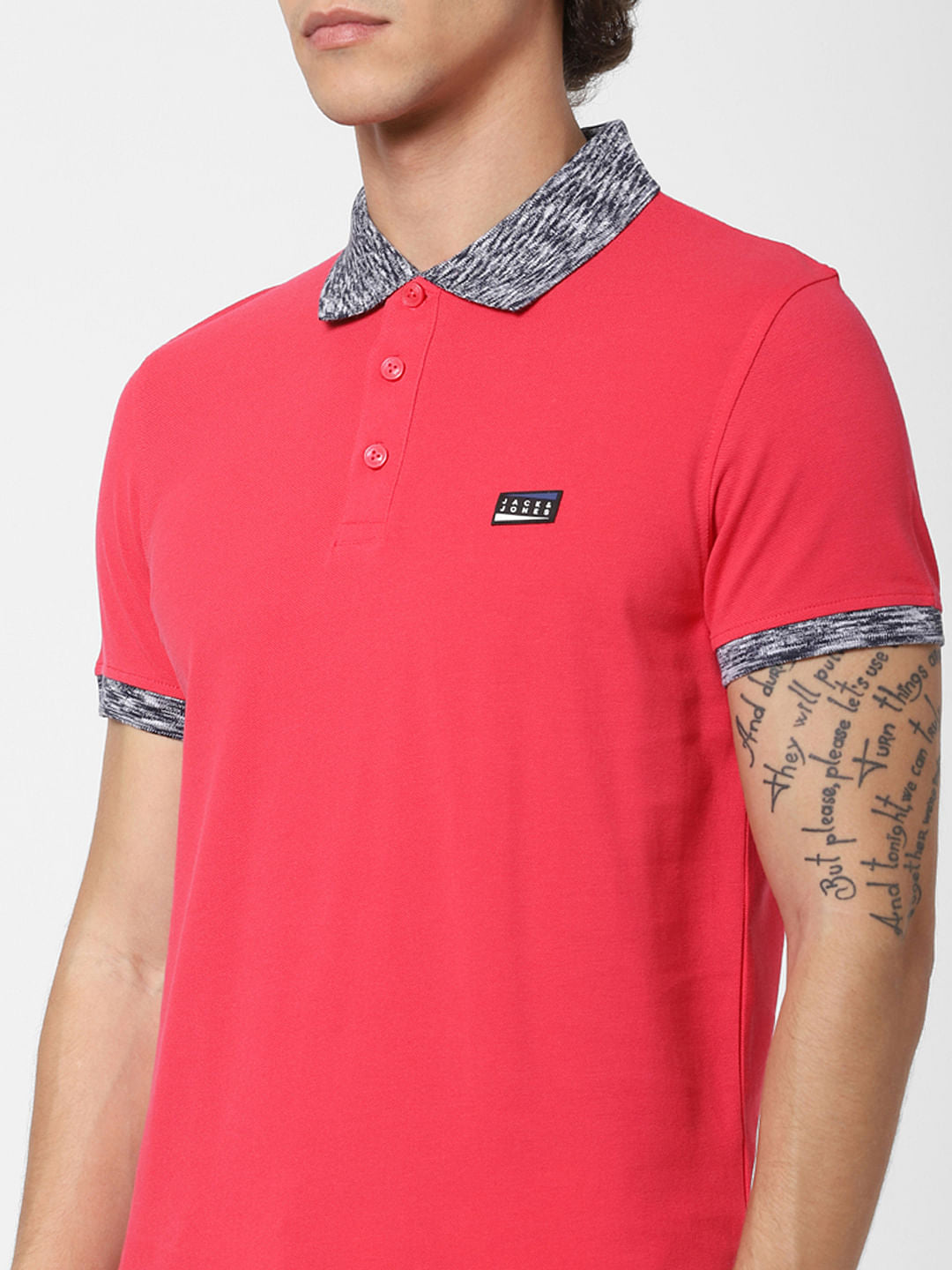 Pink Contrast Tipping Polo Neck T-shirt