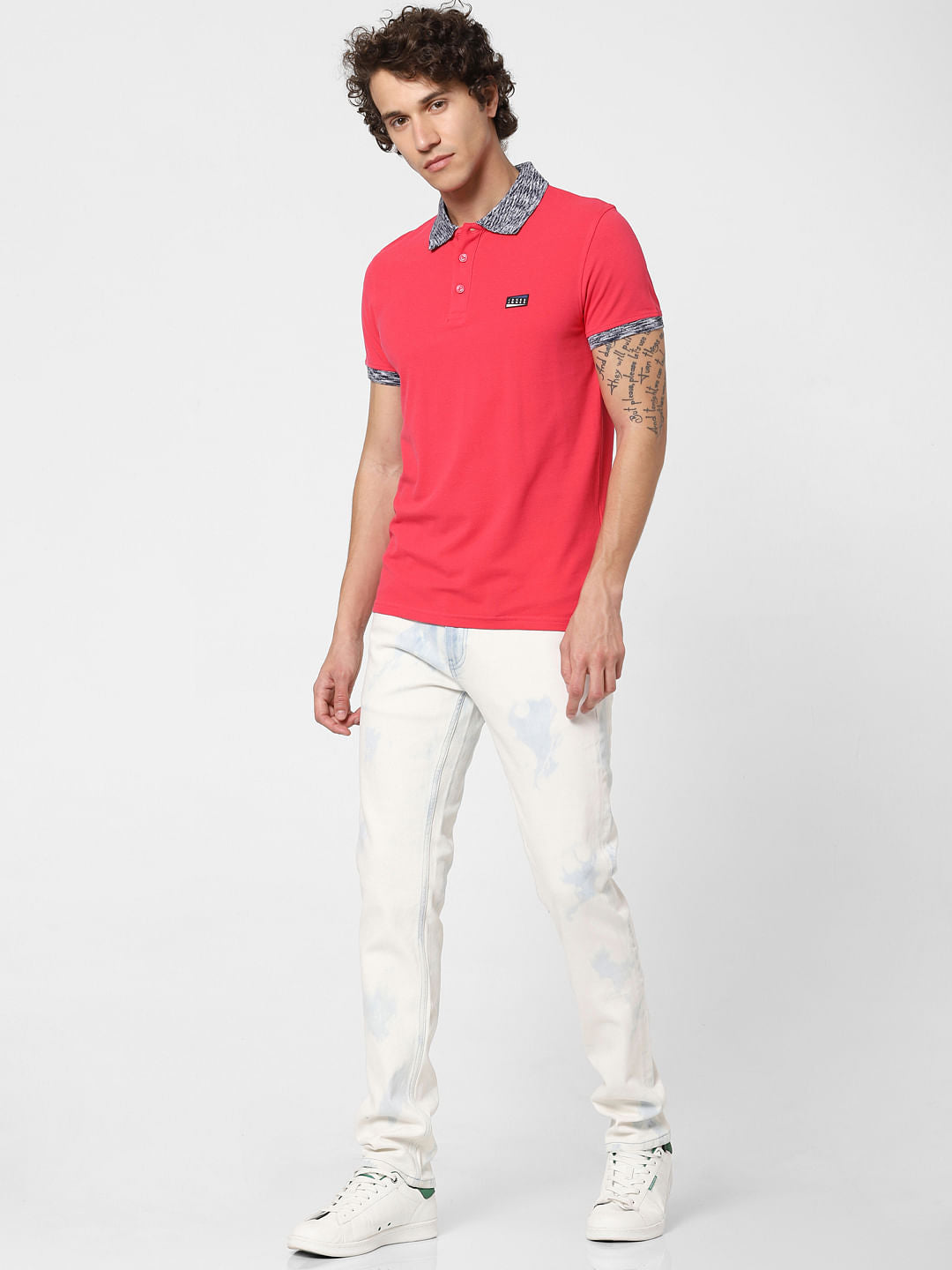 Pink Contrast Tipping Polo Neck T-shirt