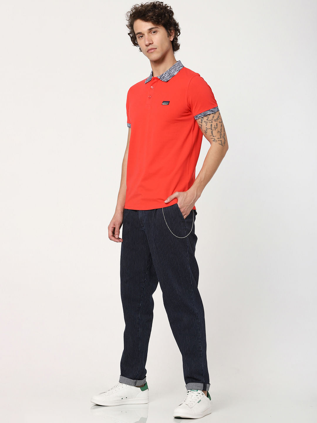 Red Contrast Tipping Polo Neck T-shirt