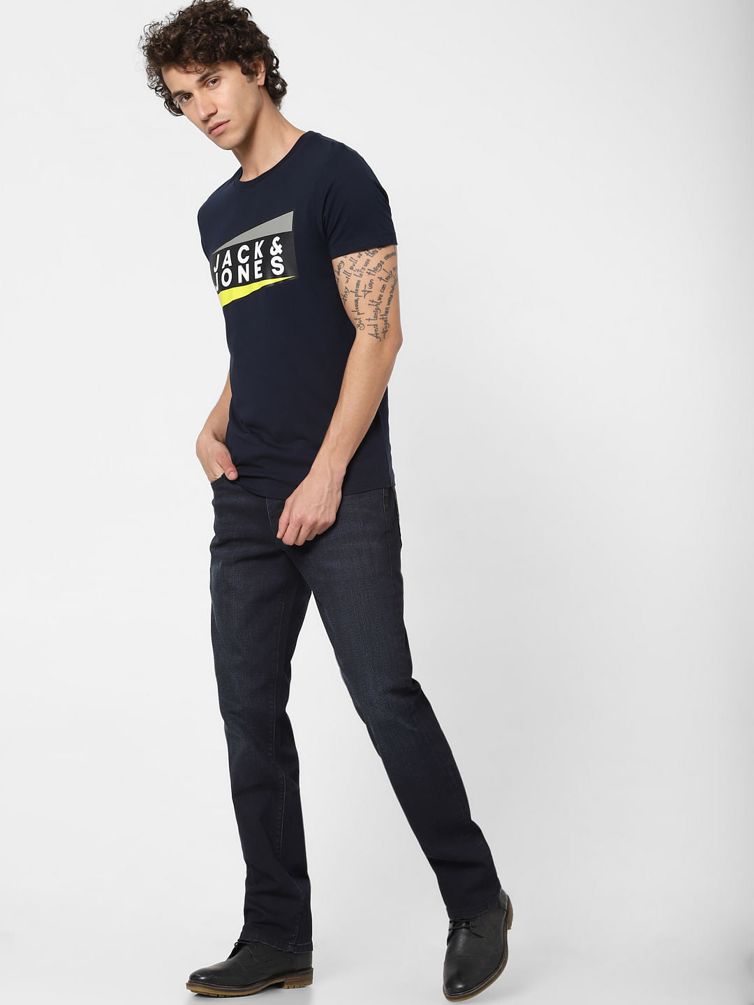 Navy Blue Logo Print Crew Neck T-shirt