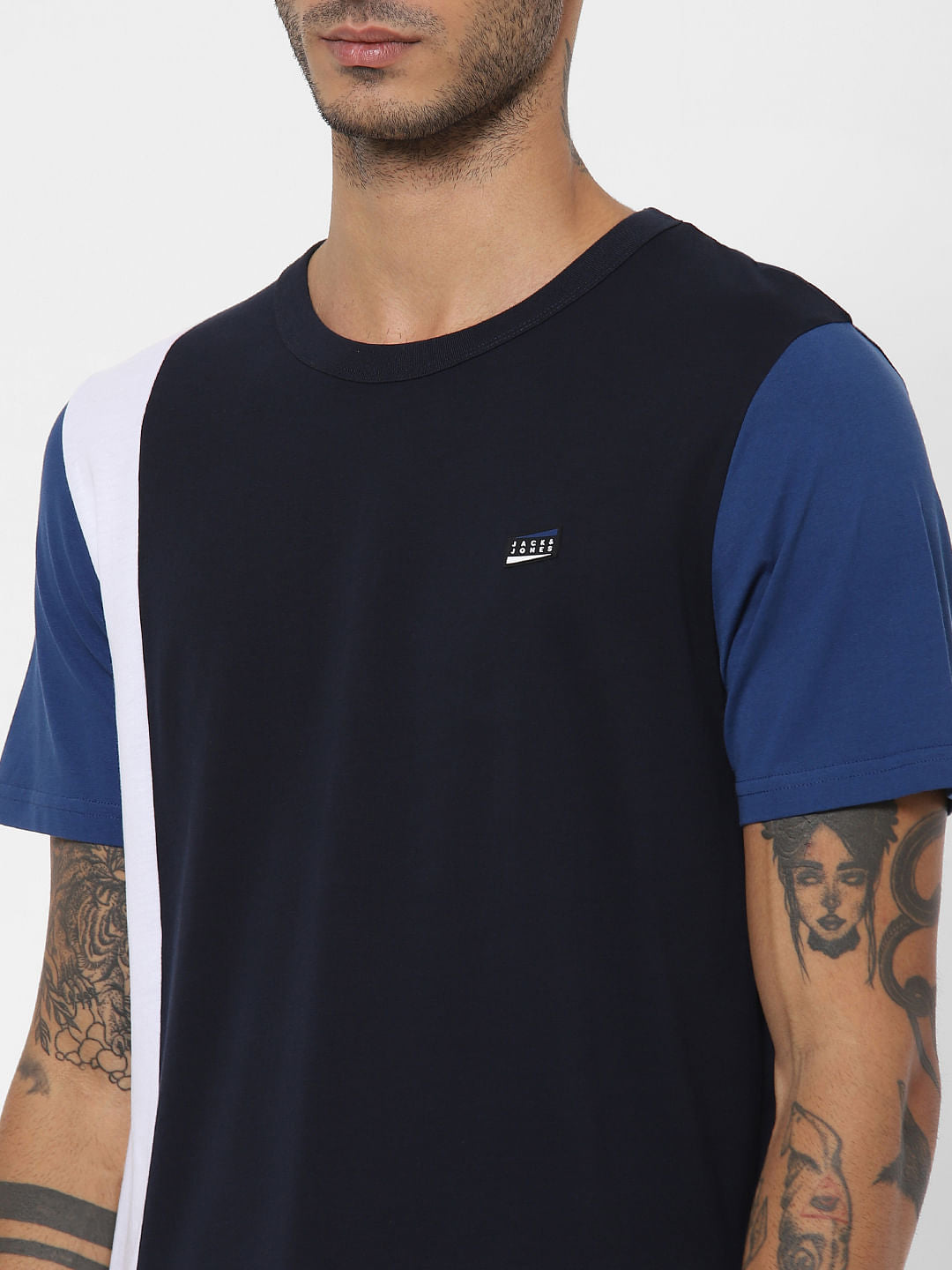 Blue Colourblocked Crew Neck T-shirt