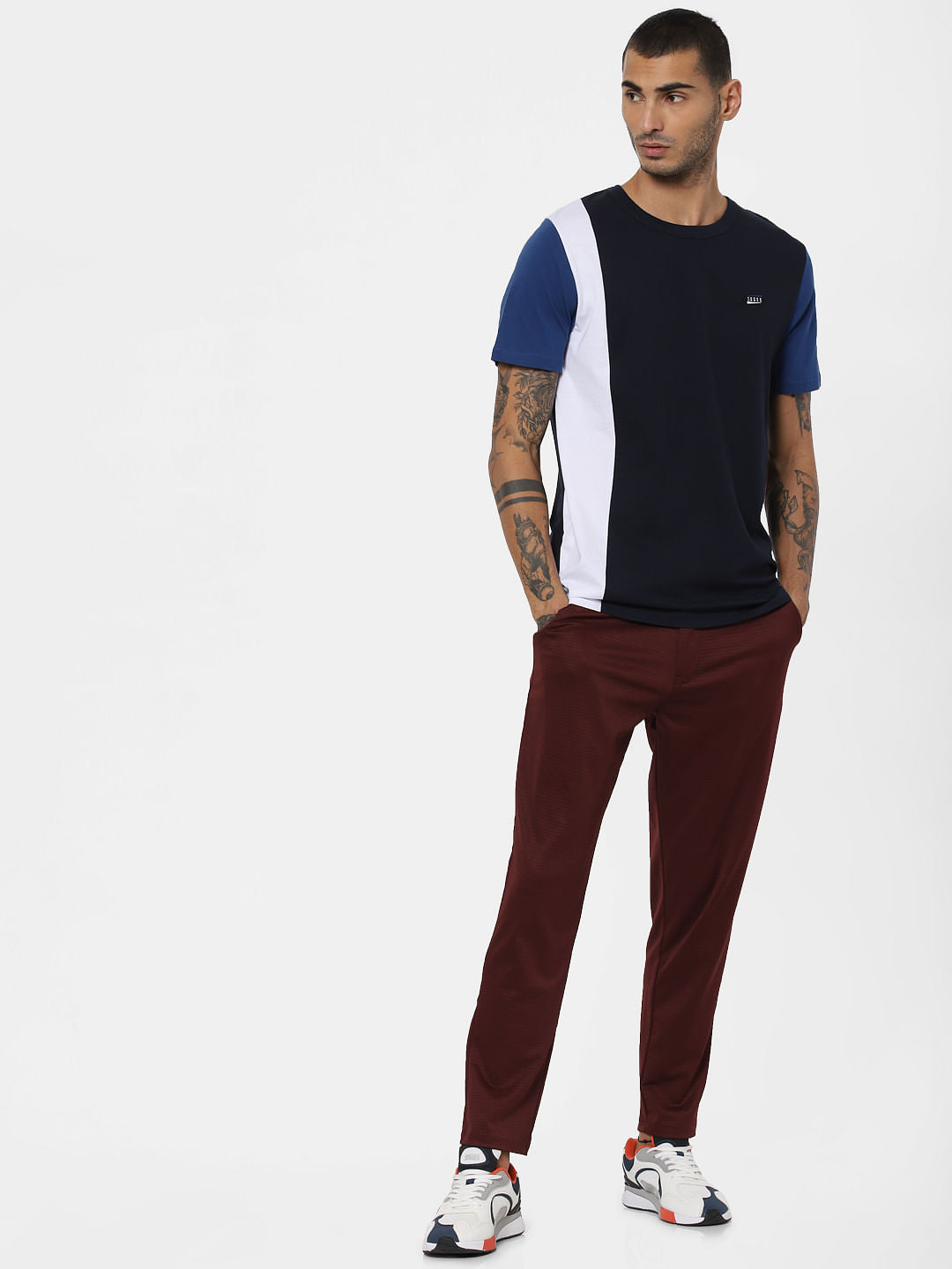 Blue Colourblocked Crew Neck T-shirt