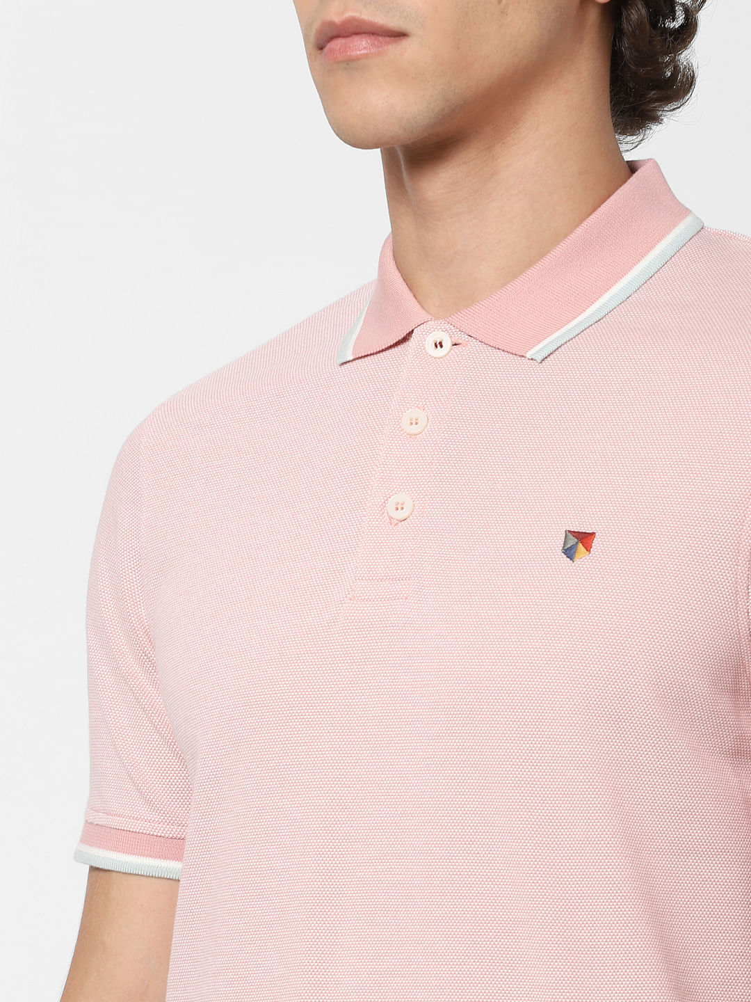 Pink Contrast Tipping Polo Neck T-shirt