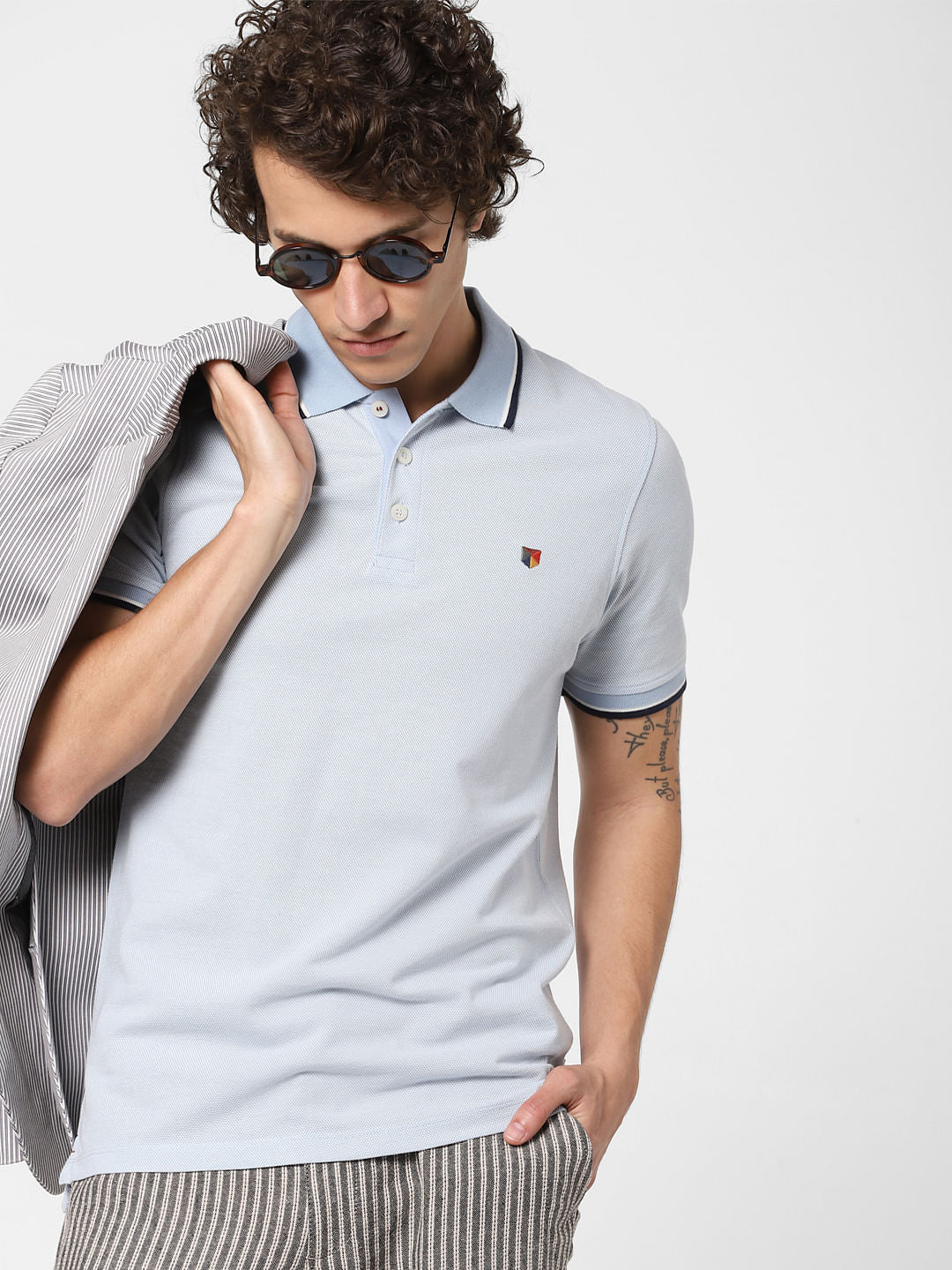 Blue Contrast Tipping Polo Neck T-shirt - S