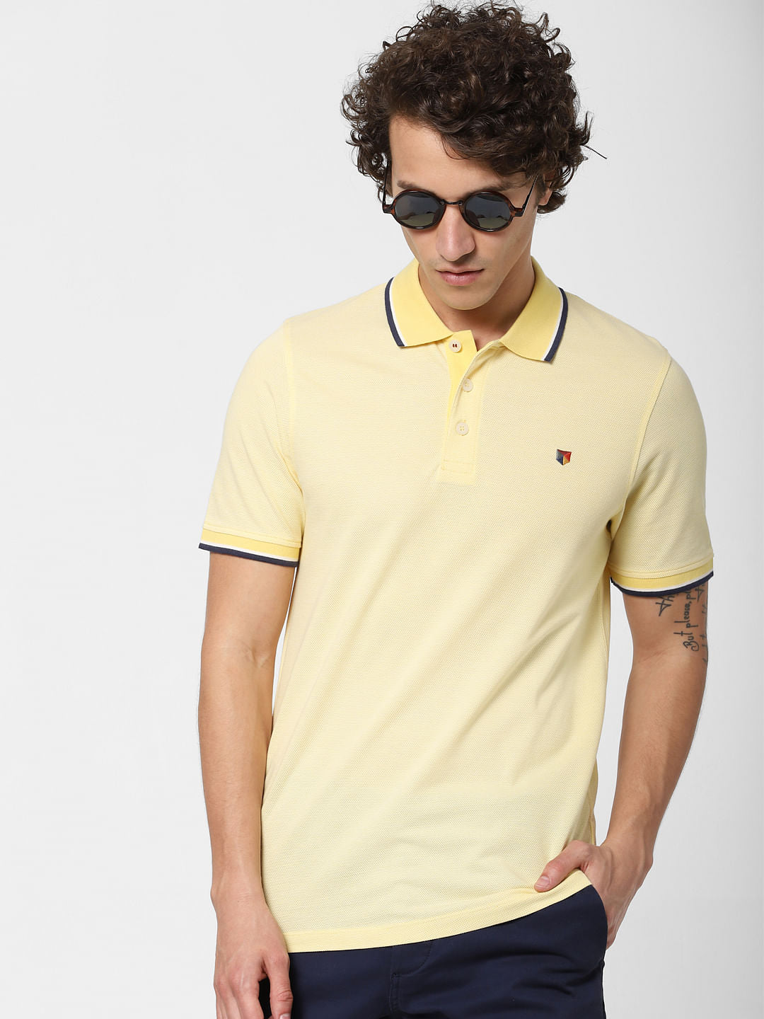 Yellow Contrast Tipping Polo Neck T-shirt - S