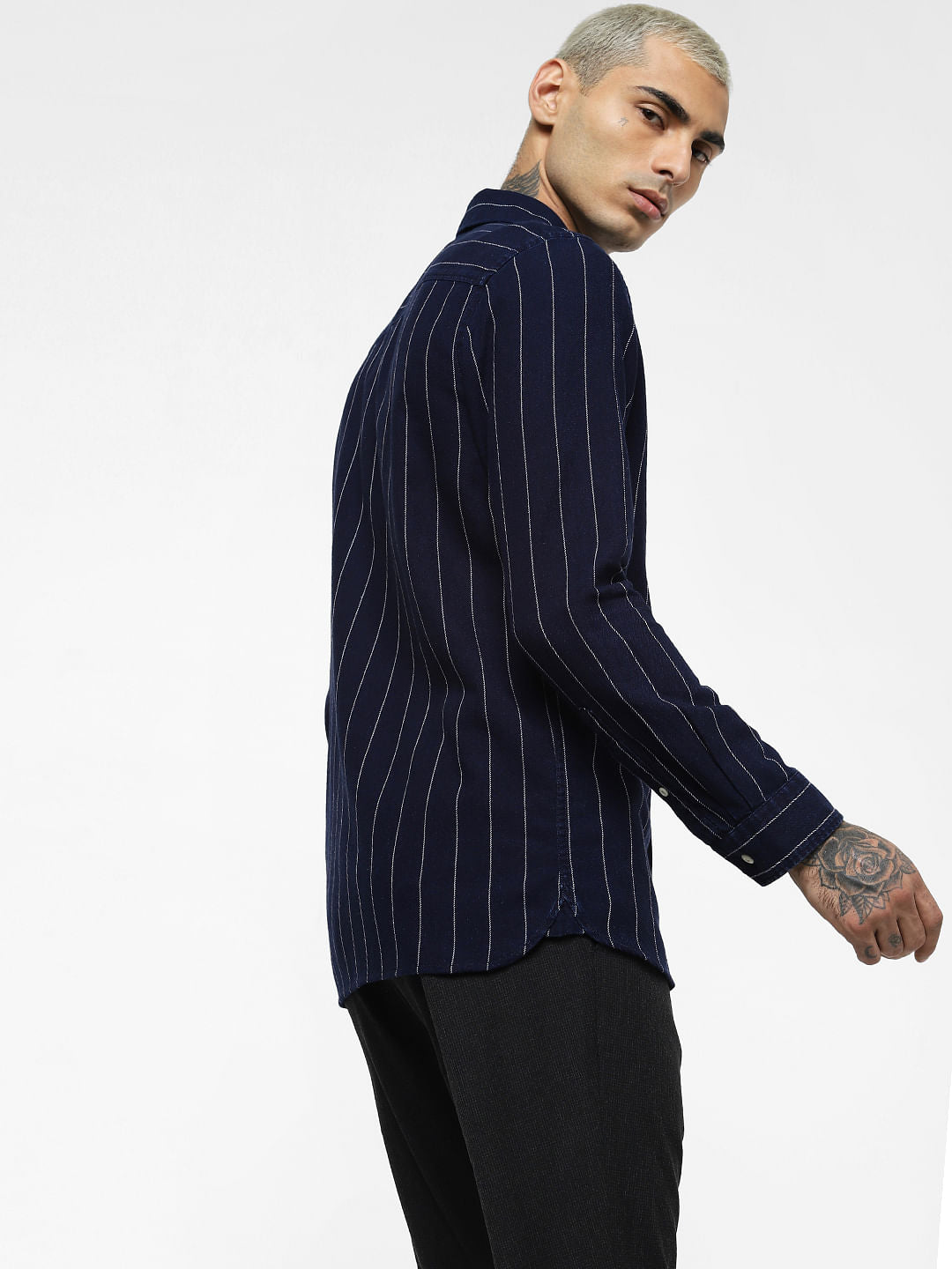 Navy Blue Striped Full Sleeves Shirt - S