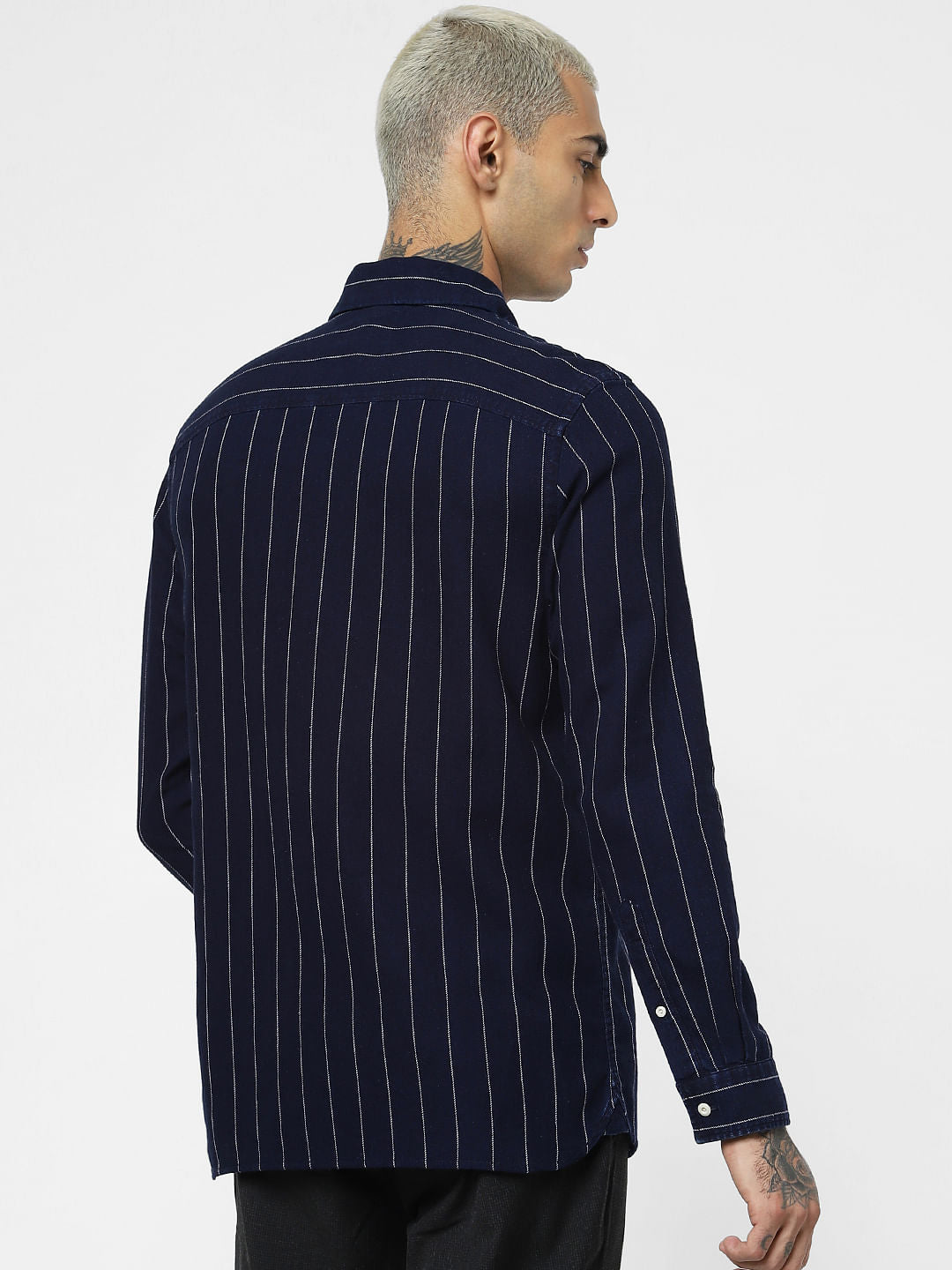 Navy Blue Striped Full Sleeves Shirt