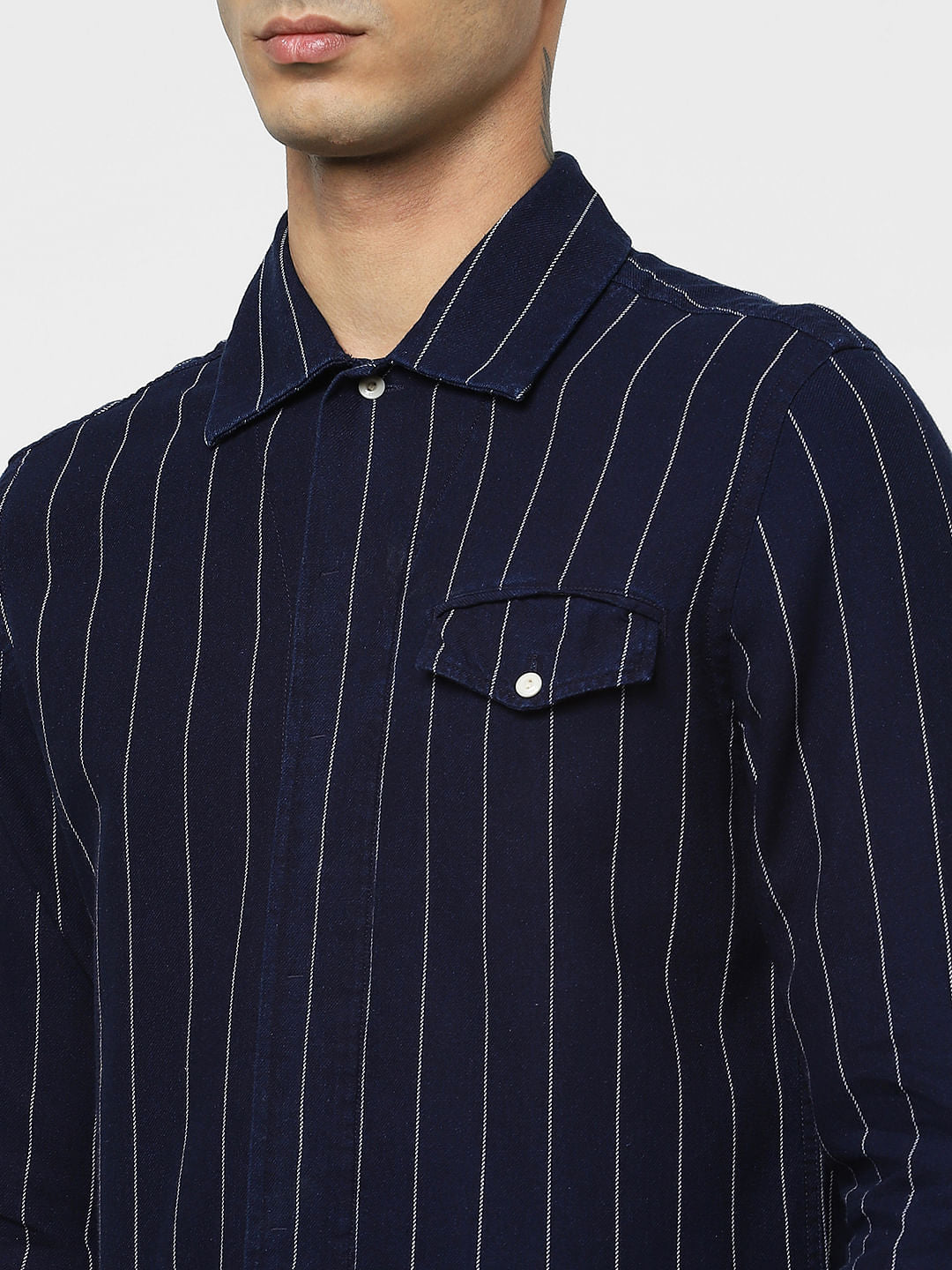 Navy Blue Striped Full Sleeves Shirt
