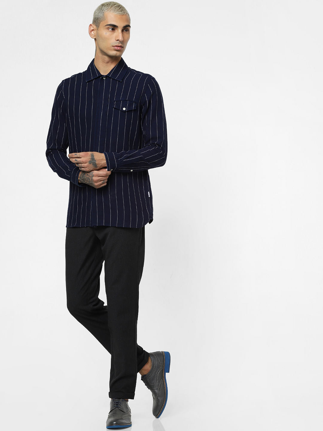 Navy Blue Striped Full Sleeves Shirt
