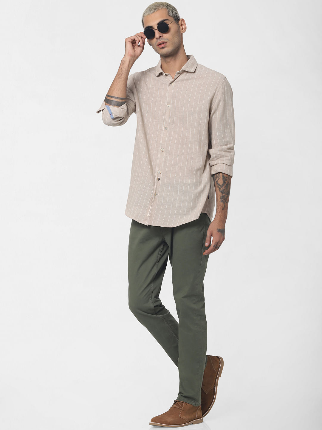 Beige Striped Full Sleeves Shirt