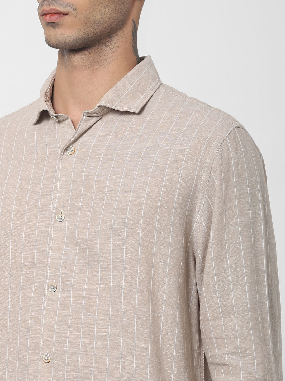 Beige Striped Full Sleeves Shirt
