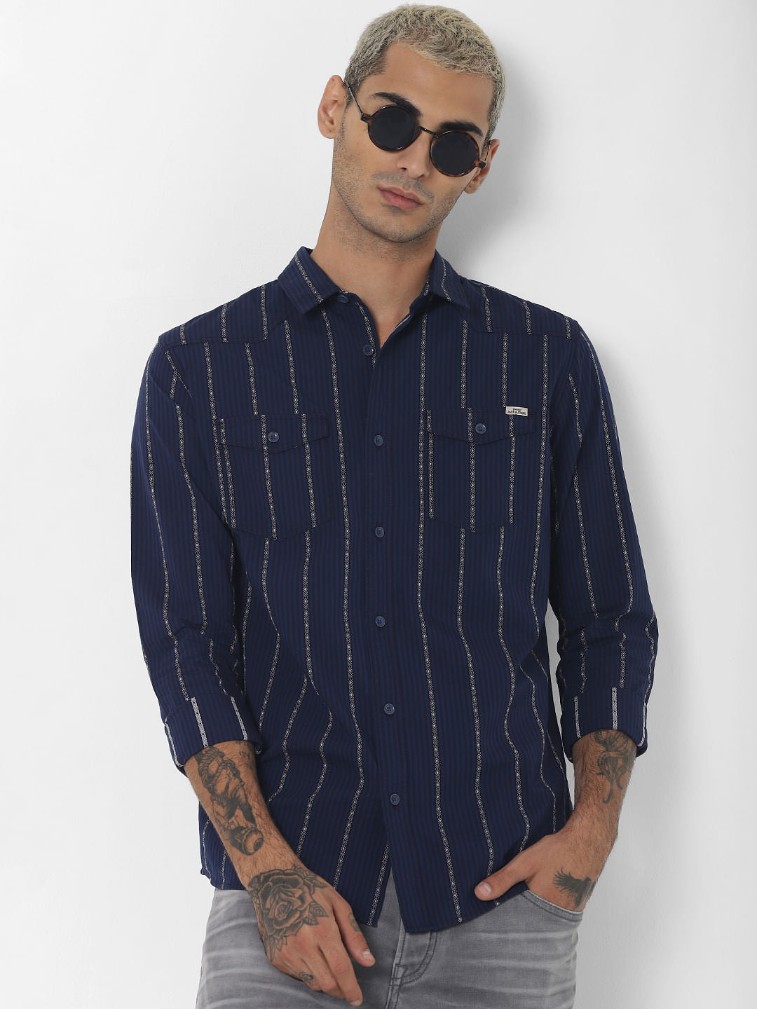 Blue Striped Denim Full Sleeves Shirt