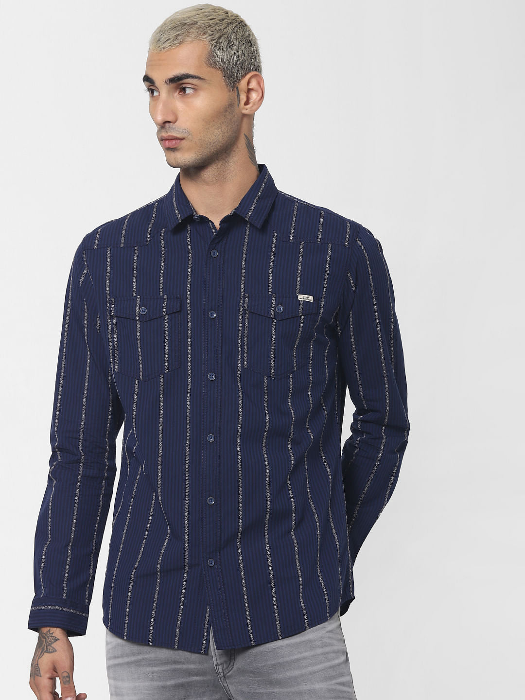 Blue Striped Denim Full Sleeves Shirt
