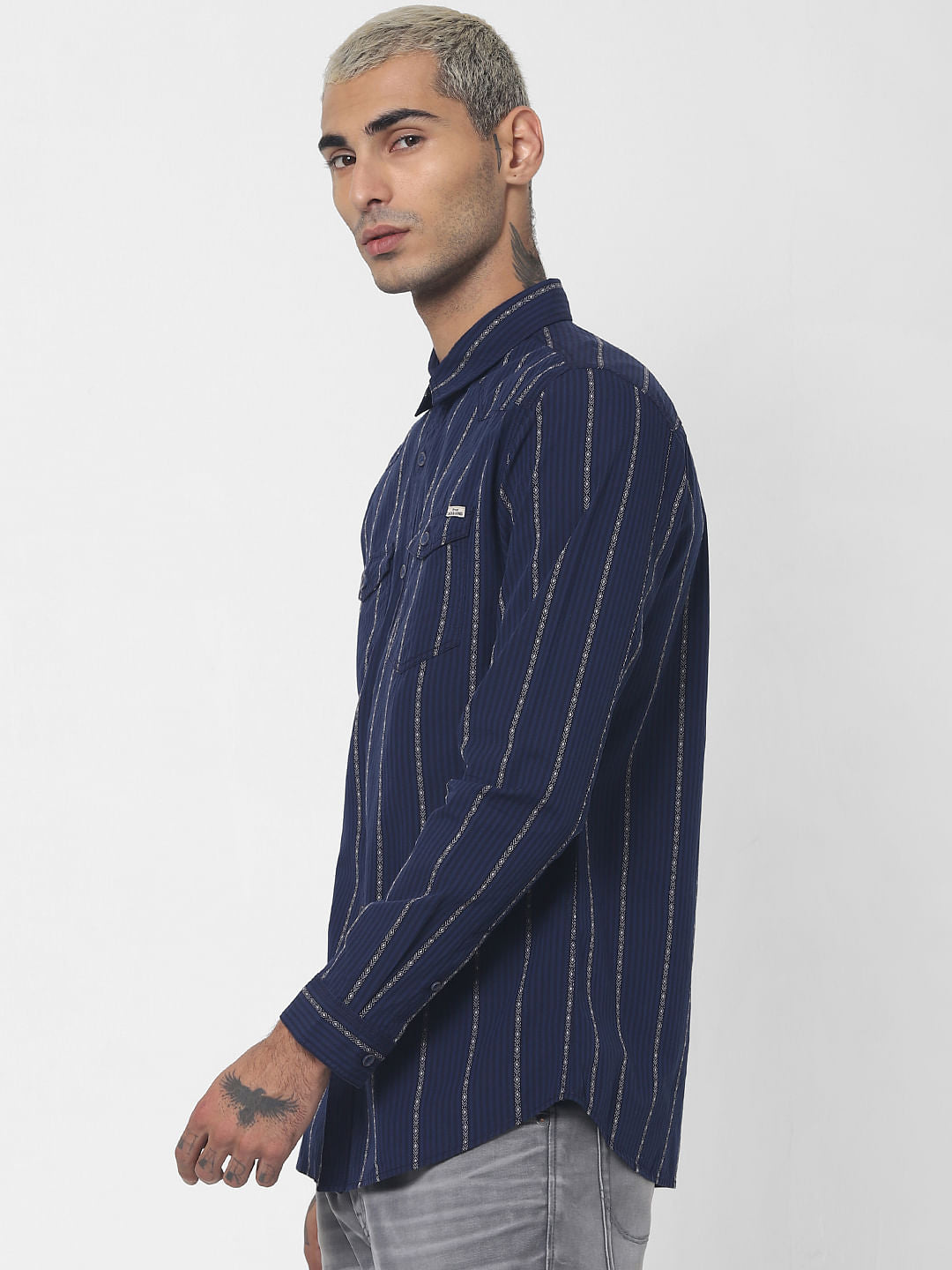 Blue Striped Denim Full Sleeves Shirt