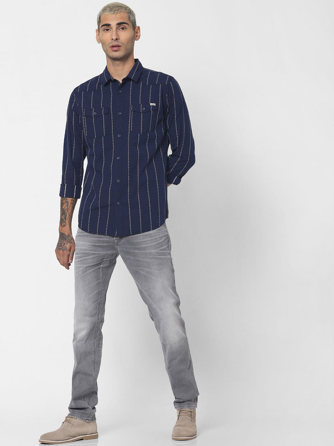 Blue Striped Denim Full Sleeves Shirt