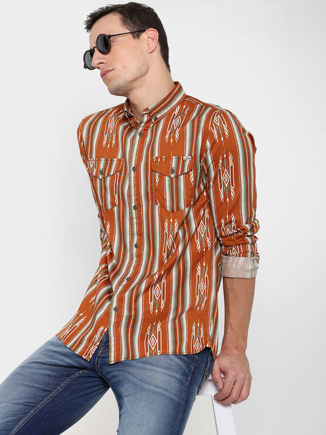 Brown All Over Print Full Sleeves Shirt - S