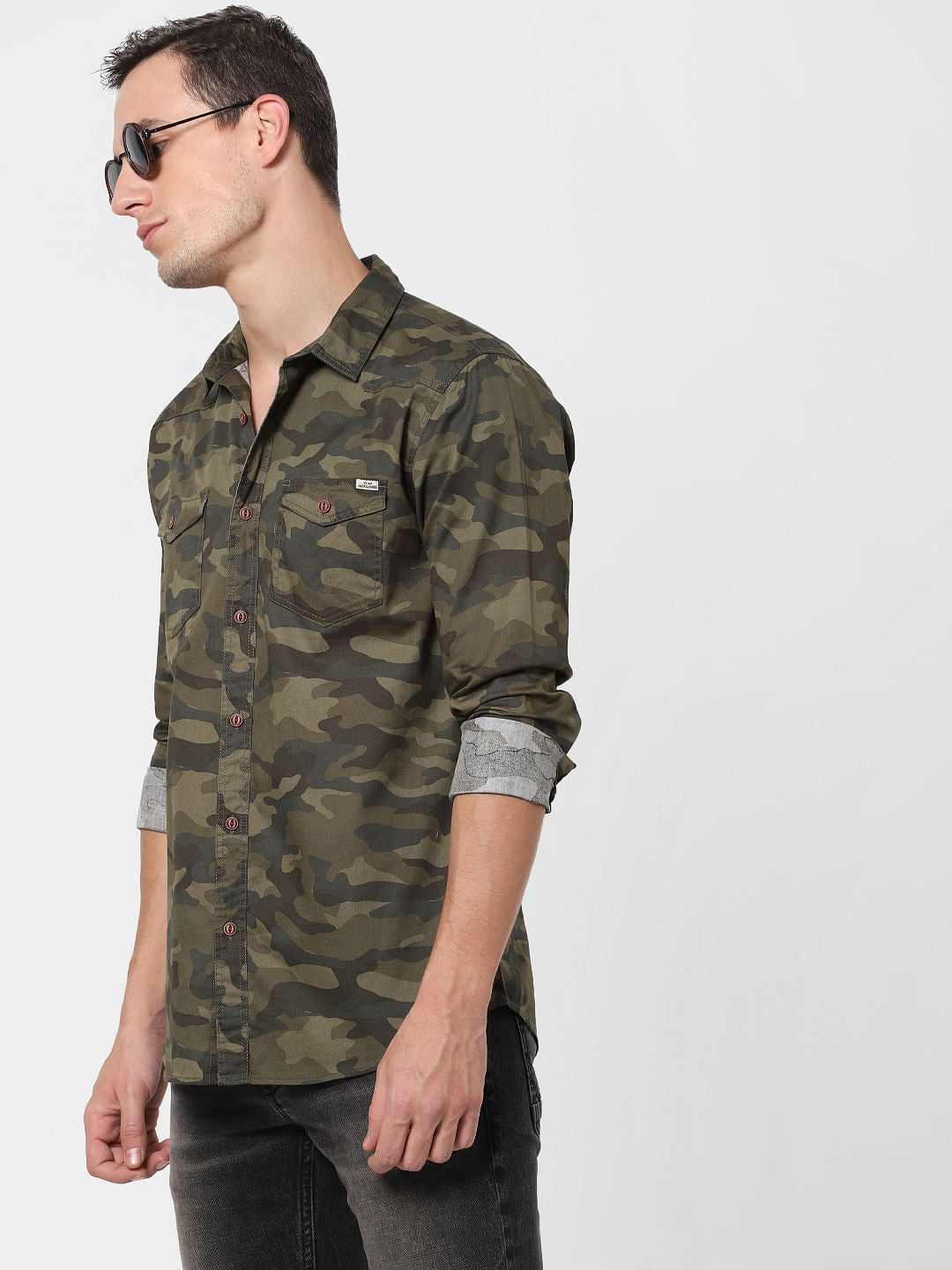 Green Camo Print Full Sleeves Shirt - S