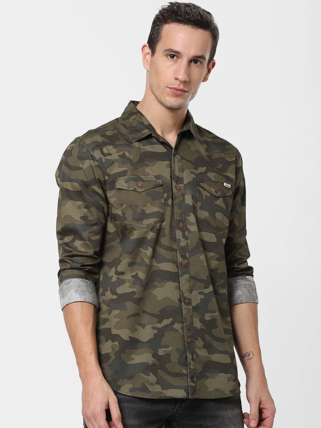 Green Camo Print Full Sleeves Shirt